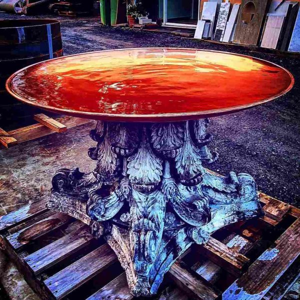 Large Australian made steel bird bath on reclaimed column base